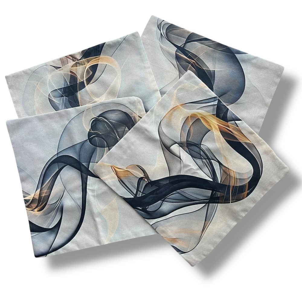 Abstract Swirl Pillow Covers Set of 4, Black Gold Gray Square Throw Pillow Cases
